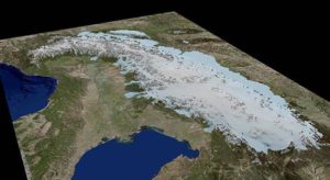 Ricostruzione in 3D delle Alpi durante l'ultima glaciazione di 18000 anni fa. Fonte: Università di Potsdam su dati ESRI, Germania